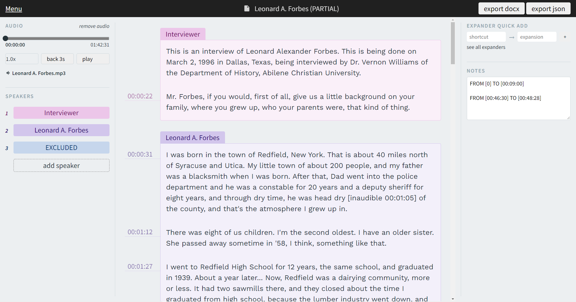 The transcription software interface with an interview transcript open.